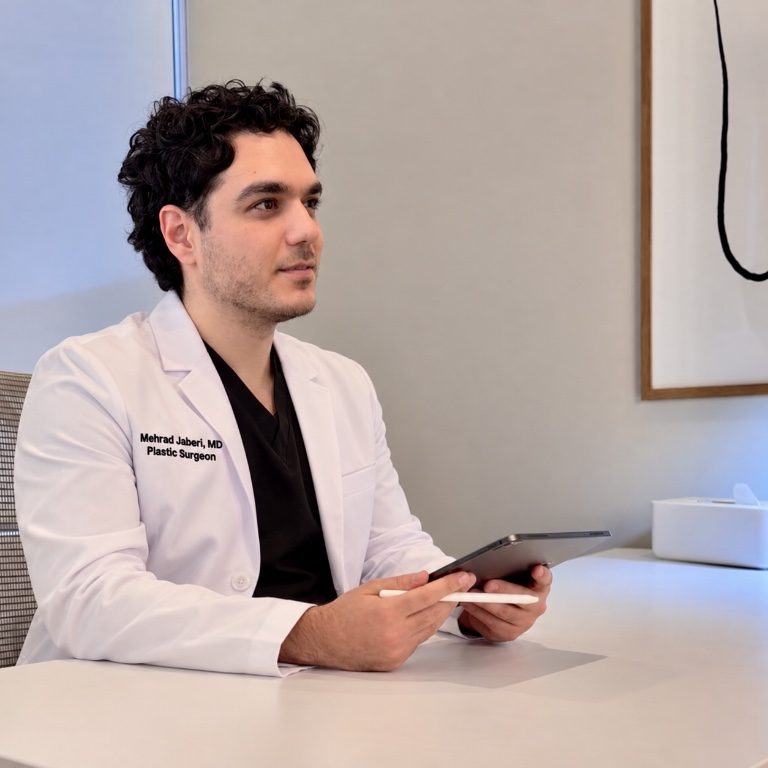 Dr. Jaberi in a white coat reviewing information on a tablet at a consultation desk
